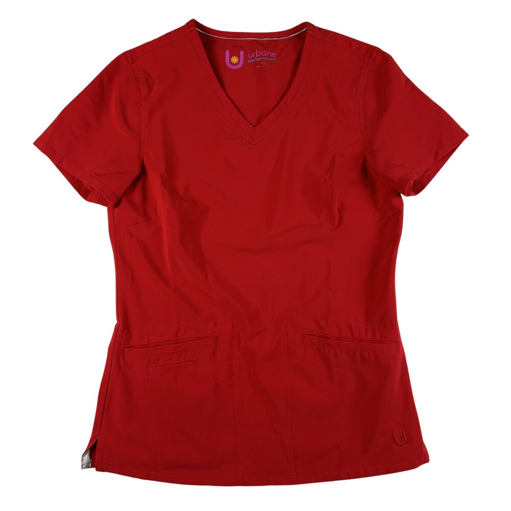 Urbane Performance Scrub Top Womens XSM Red V-Neck Stretch Workwear Pockets